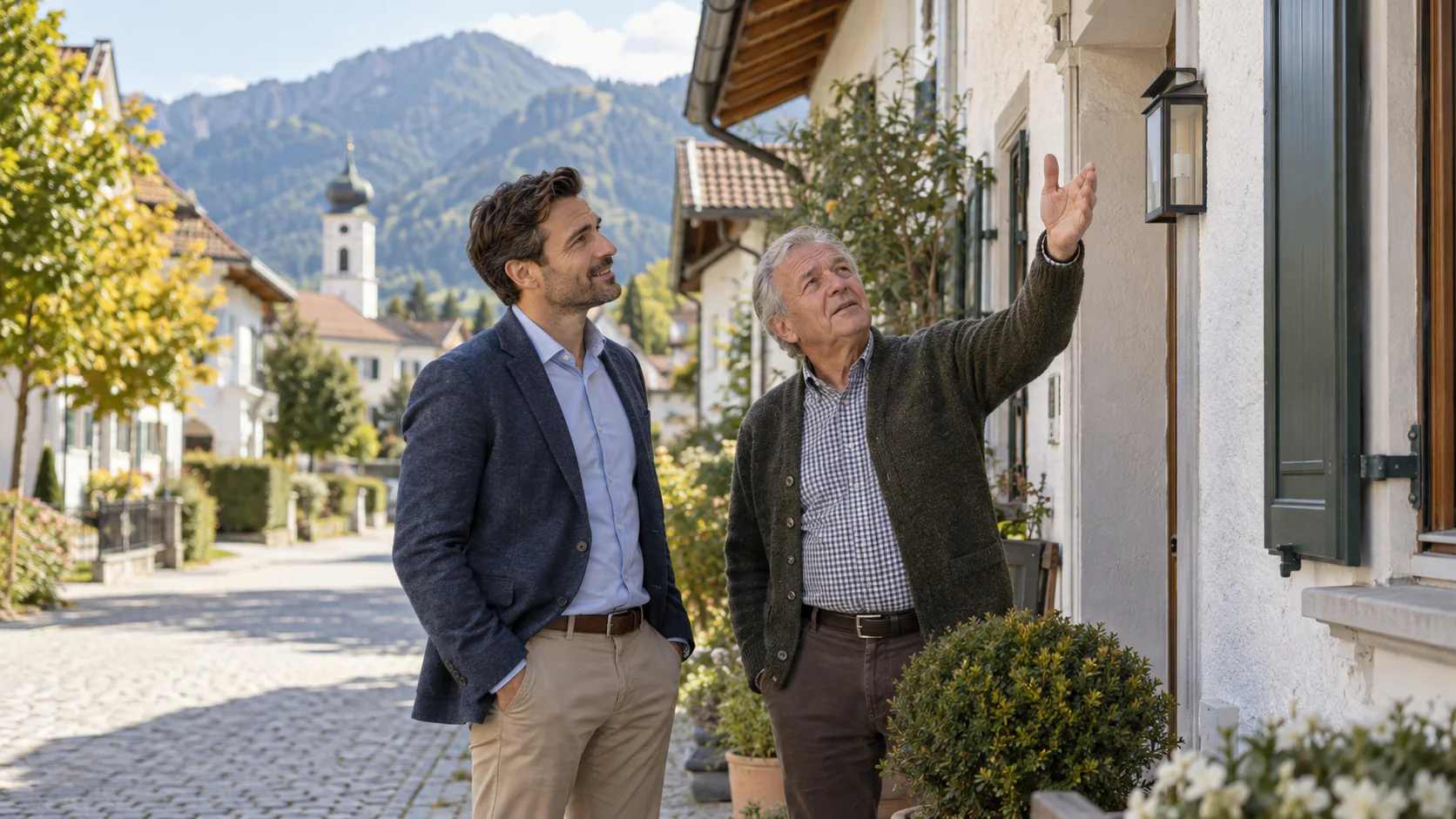 Zwei Männer sprechen vor einem Haus in einem bayerischen Ort über dessen Fassade