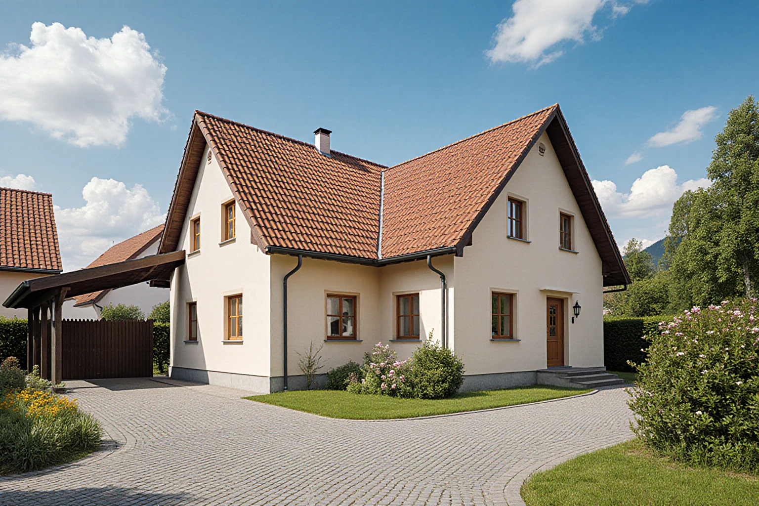 Ein gepflegtes Einfamilienhaus mit Garten und Zufahrt in Bayern.