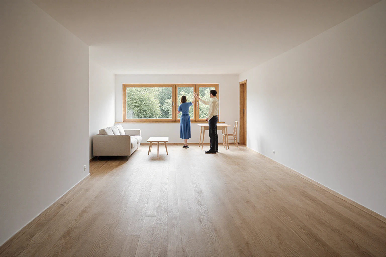 Eine Kollegin erläutert bei der Besichtigung das Holzfenster eines Wohnraums.