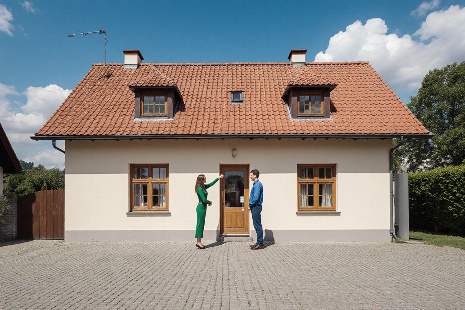 Ein Interessent begleitet eine Kollegin bei der Besichtigung eines bayerischen Hauses.